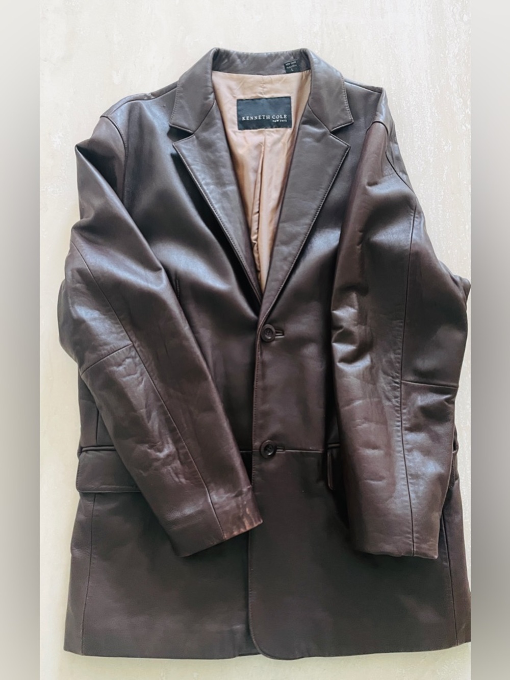 Men's Leather Jacket Blazer Sport Coat Brown Lined Button Kenneth Cole Size L